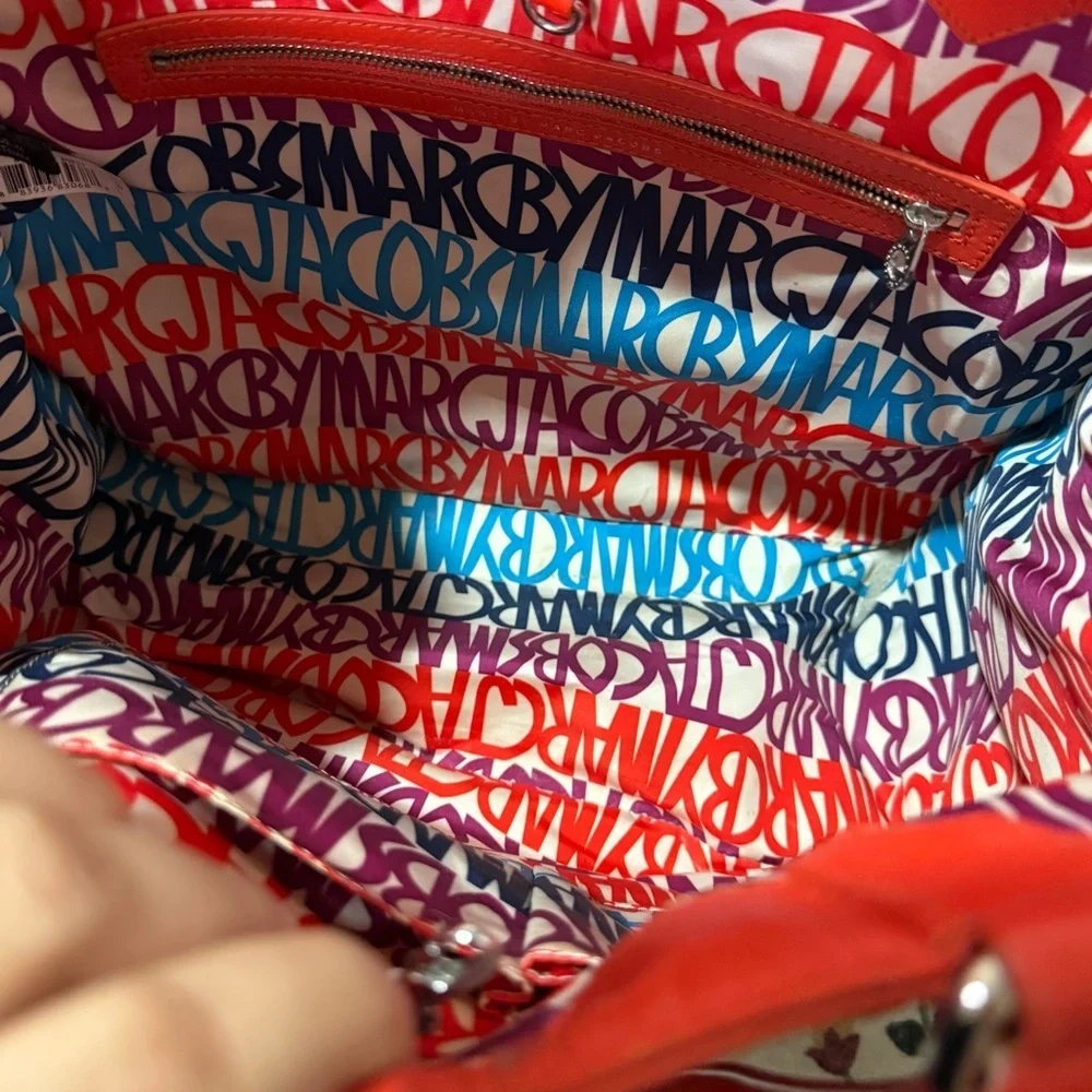 MARC JACOBS Large Tote SAMI Red Orange Navy Woven Weaved w/ Leather Trim Handle